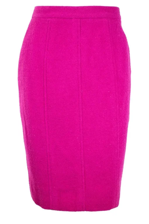 Plum purple long blazer with 2 front pockets and skirt set with gold CC hardware on purple resin buttons