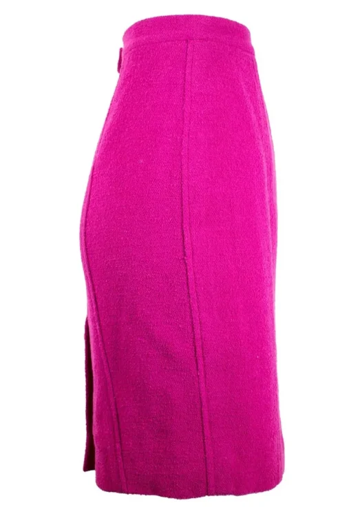 Plum purple long blazer with 2 front pockets and skirt set with gold CC hardware on purple resin buttons