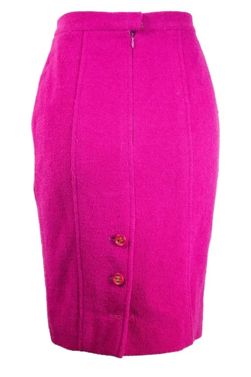 Plum purple long blazer with 2 front pockets and skirt set with gold CC hardware on purple resin buttons