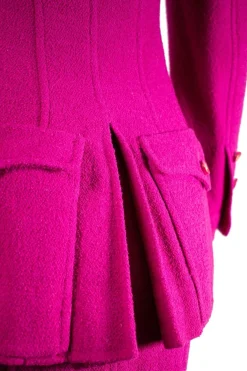 Plum purple long blazer with 2 front pockets and skirt set with gold CC hardware on purple resin buttons