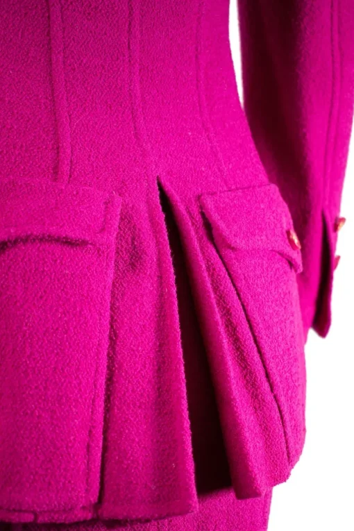 Plum purple long blazer with 2 front pockets and skirt set with gold CC hardware on purple resin buttons