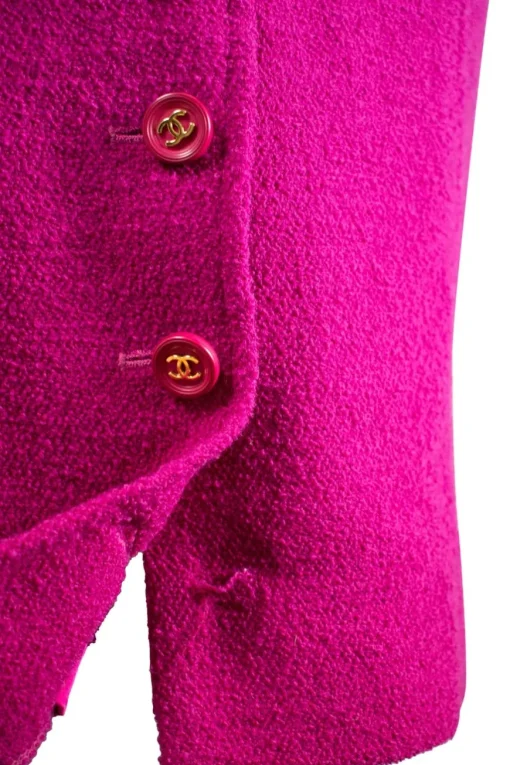 Plum purple long blazer with 2 front pockets and skirt set with gold CC hardware on purple resin buttons
