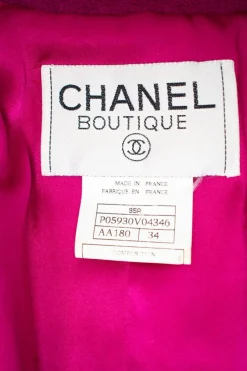 Plum purple long blazer with 2 front pockets and skirt set with gold CC hardware on purple resin buttons