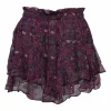 Plum silk Aboreli floral print high-rise tier ruffle wide-leg shorts