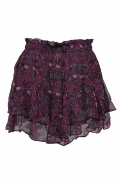 Plum silk Aboreli floral print high-rise tier ruffle wide-leg shorts