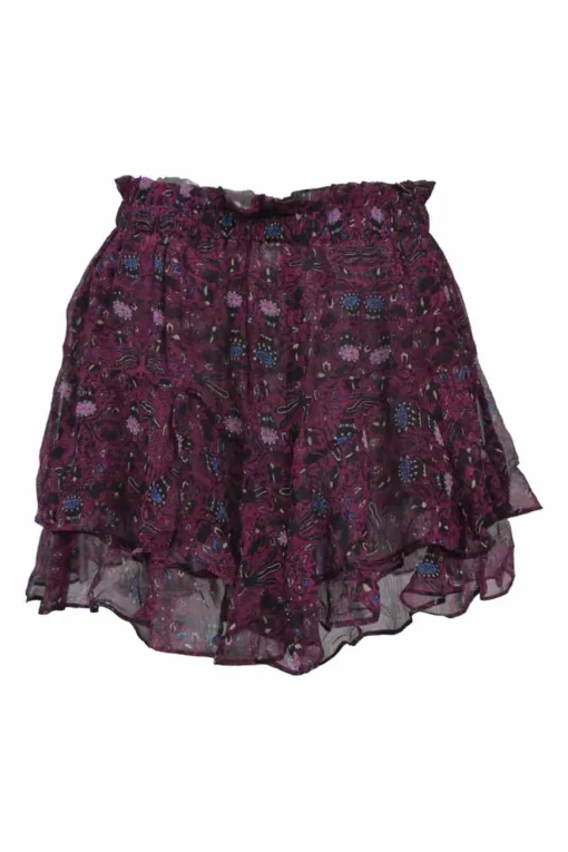 Plum silk Aboreli floral print high-rise tier ruffle wide-leg shorts