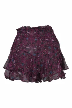 Plum silk Aboreli floral print high-rise tier ruffle wide-leg shorts