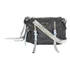 Prada black nylon medium vela flap messenger bag with silver tone studded leather