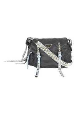 Prada black nylon medium vela flap messenger bag with silver tone studded leather
