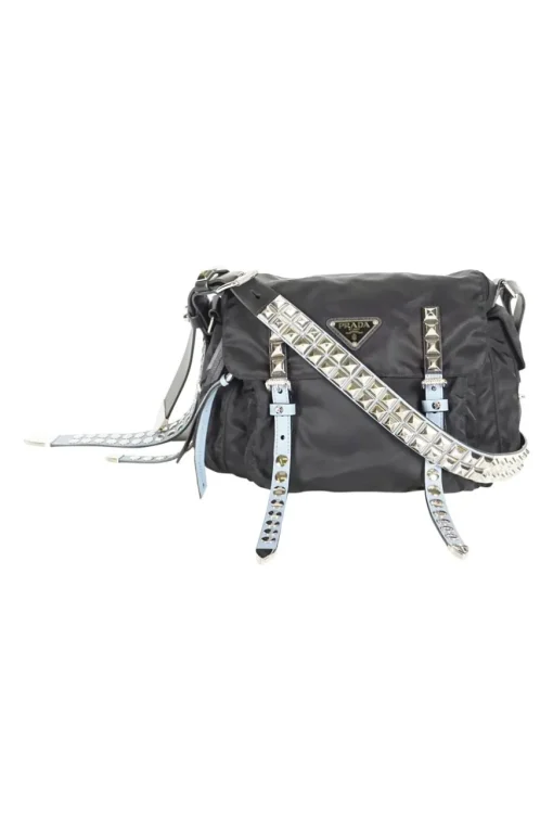 Prada black nylon medium vela flap messenger bag with silver tone studded leather
