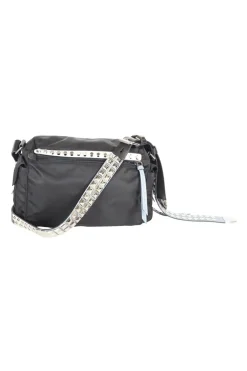 Prada black nylon medium vela flap messenger bag with silver tone studded leather