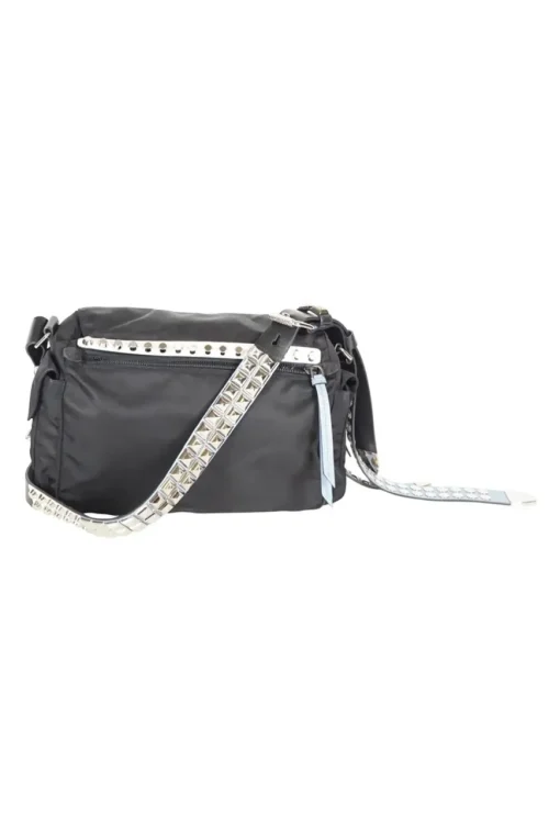Prada black nylon medium vela flap messenger bag with silver tone studded leather