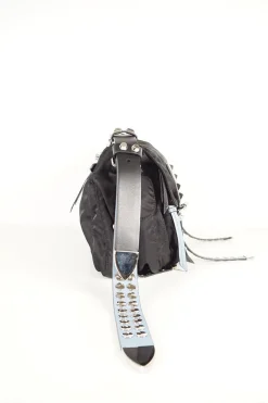 Prada black nylon medium vela flap messenger bag with silver tone studded leather