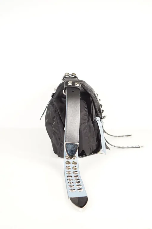 Prada black nylon medium vela flap messenger bag with silver tone studded leather