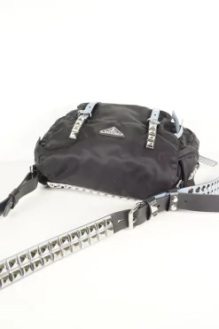 Prada black nylon medium vela flap messenger bag with silver tone studded leather