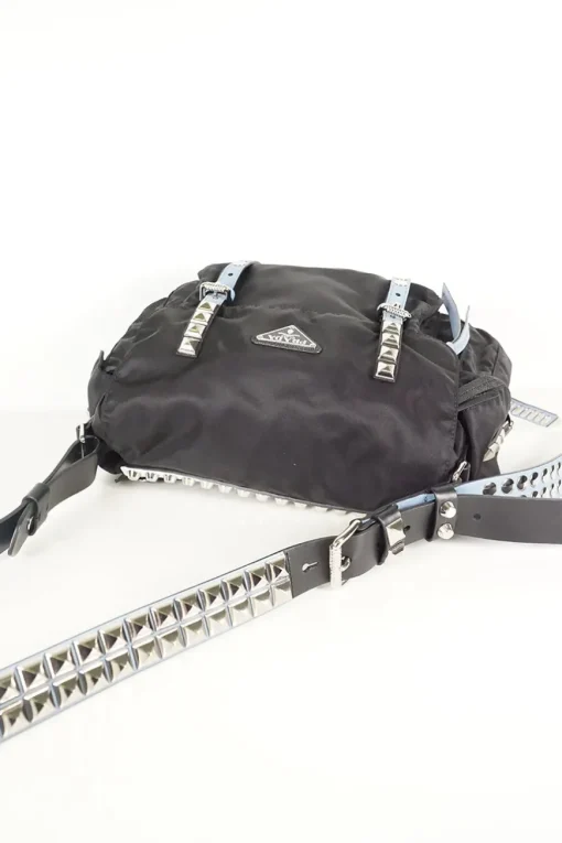 Prada black nylon medium vela flap messenger bag with silver tone studded leather