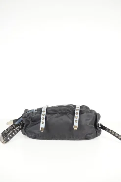 Prada black nylon medium vela flap messenger bag with silver tone studded leather