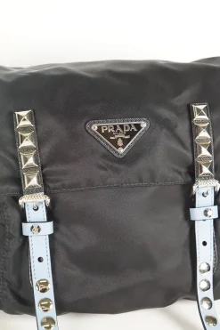 Prada black nylon medium vela flap messenger bag with silver tone studded leather