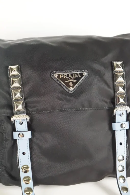 Prada black nylon medium vela flap messenger bag with silver tone studded leather