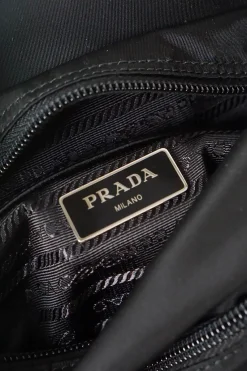 Prada black nylon medium vela flap messenger bag with silver tone studded leather