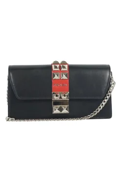 Prada black/red leather studded Elektra wallet on chain