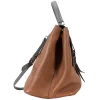 Prada single top handle bag in camel with contrasting grey flap.