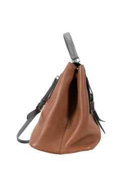 Prada single top handle bag in camel with contrasting grey flap.