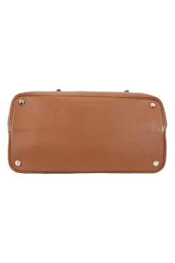 Prada single top handle bag in camel with contrasting grey flap.