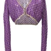 Purple and gold rayon-blend chevron pointelle knit plunge neck cropped cardigan featuring dragon broderie motif at back