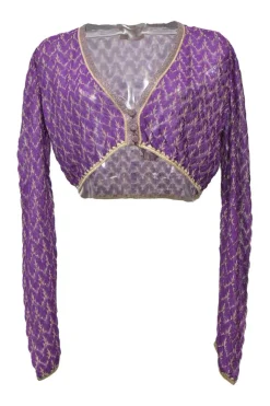 Purple and gold rayon-blend chevron pointelle knit plunge neck cropped cardigan featuring dragon broderie motif at back
