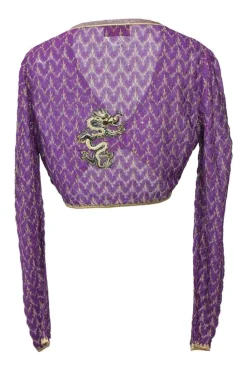 Purple and gold rayon-blend chevron pointelle knit plunge neck cropped cardigan featuring dragon broderie motif at back