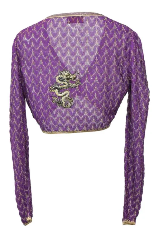 Purple and gold rayon-blend chevron pointelle knit plunge neck cropped cardigan featuring dragon broderie motif at back