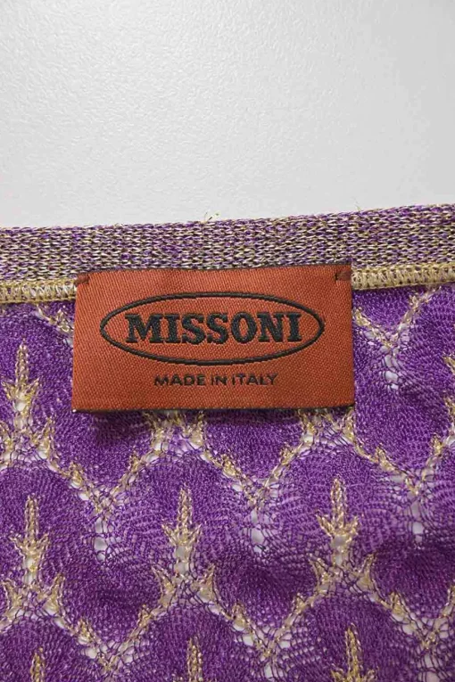 Purple and gold rayon-blend chevron pointelle knit plunge neck cropped cardigan featuring dragon broderie motif at back