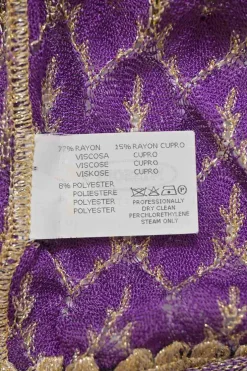 Purple and gold rayon-blend chevron pointelle knit plunge neck cropped cardigan featuring dragon broderie motif at back