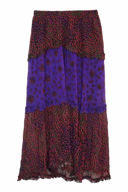 Purple and orange crinkle floral-print paneled viscose pull-on bias-cut handkerchief hem midi skirt