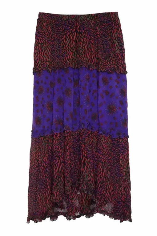 Purple and orange crinkle floral-print paneled viscose pull-on bias-cut handkerchief hem midi skirt