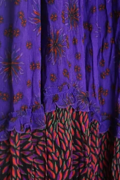 Purple and orange crinkle floral-print paneled viscose pull-on bias-cut handkerchief hem midi skirt