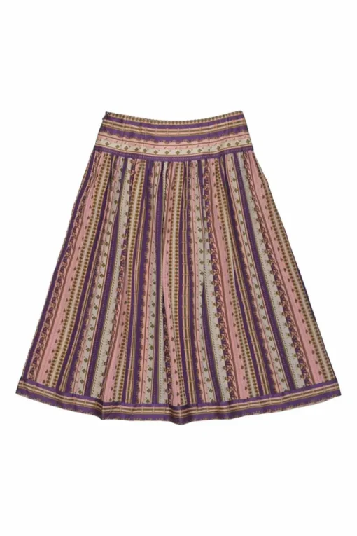 Purple and pink silk foulard print A-line knee-length skirt