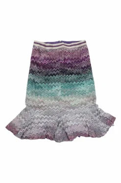 Purple cotton-blend fully-fashioned degradé chevron warp knit flounce pencil skirt