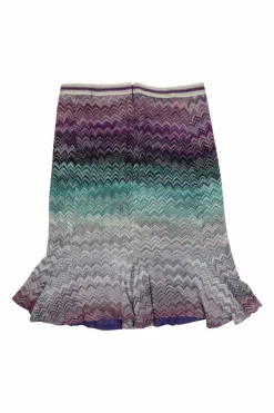 Purple cotton-blend fully-fashioned degradé chevron warp knit flounce pencil skirt