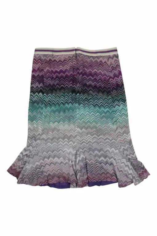 Purple cotton-blend fully-fashioned degradé chevron warp knit flounce pencil skirt