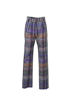 Purple cotton-blend Madras-style check monogram jacquard pull-on high-rise straight leg trousers