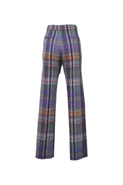 Purple cotton-blend Madras-style check monogram jacquard pull-on high-rise straight leg trousers