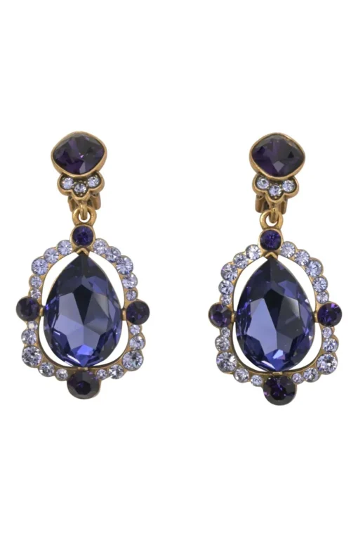 Purple crystal gem-embellished brass necklace and clip-back drop earring costume jewellery set