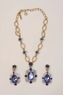 Purple crystal gem-embellished brass necklace and clip-back drop earring costume jewellery set