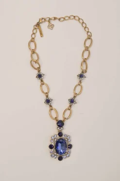 Purple crystal gem-embellished brass necklace and clip-back drop earring costume jewellery set