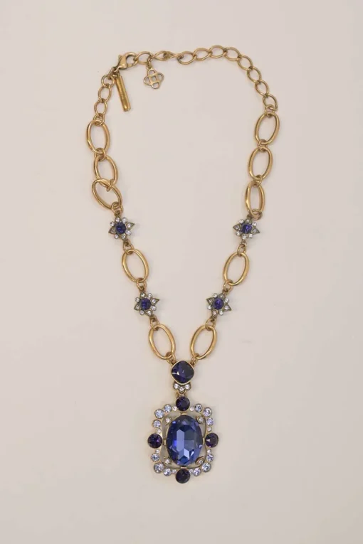 Purple crystal gem-embellished brass necklace and clip-back drop earring costume jewellery set