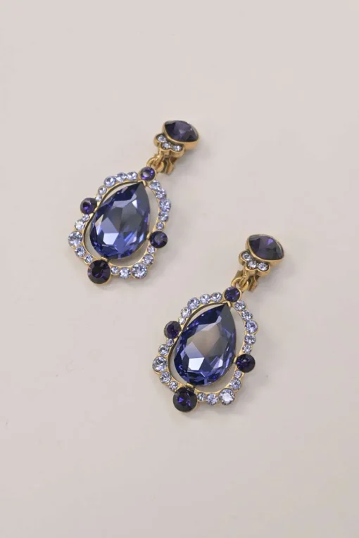 Purple crystal gem-embellished brass necklace and clip-back drop earring costume jewellery set