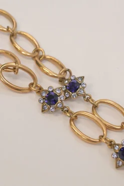 Purple crystal gem-embellished brass necklace and clip-back drop earring costume jewellery set