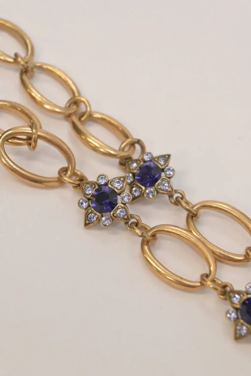Purple crystal gem-embellished brass necklace and clip-back drop earring costume jewellery set